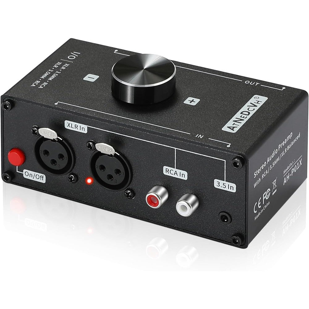 ATNEDCVH stereo audio preamplifier front view showing volume control knob and input ports