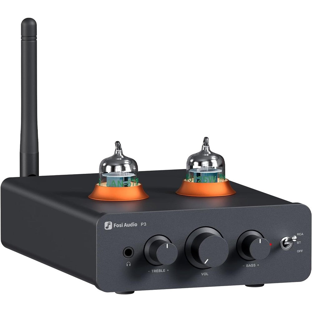 Fosi Audio P3 Tube Preamp front view showing glowing vacuum tubes and aluminum bass treble controls.