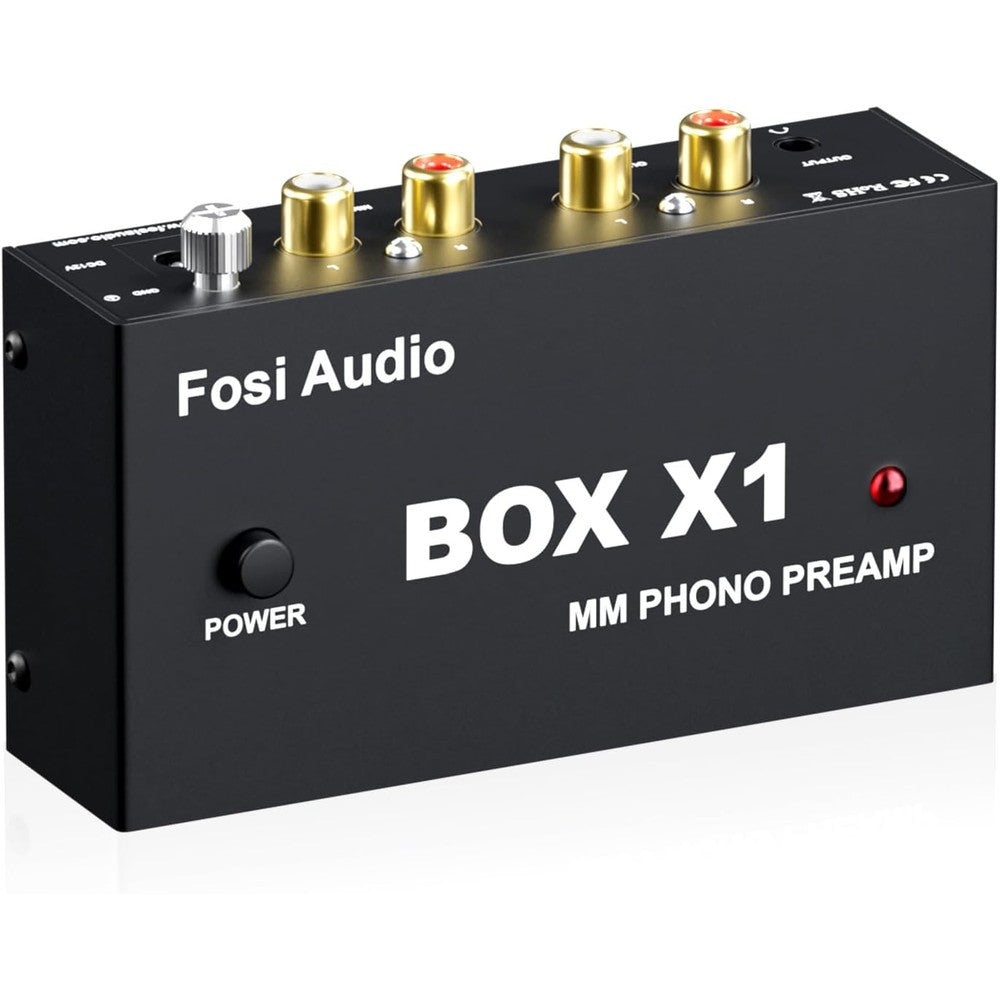 Fosi Audio Box X1 phono preamplifier front view showing power button and headphone jack