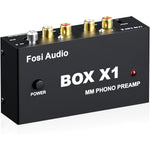 Fosi Audio Box X1 phono preamplifier front view showing power button and headphone jack
