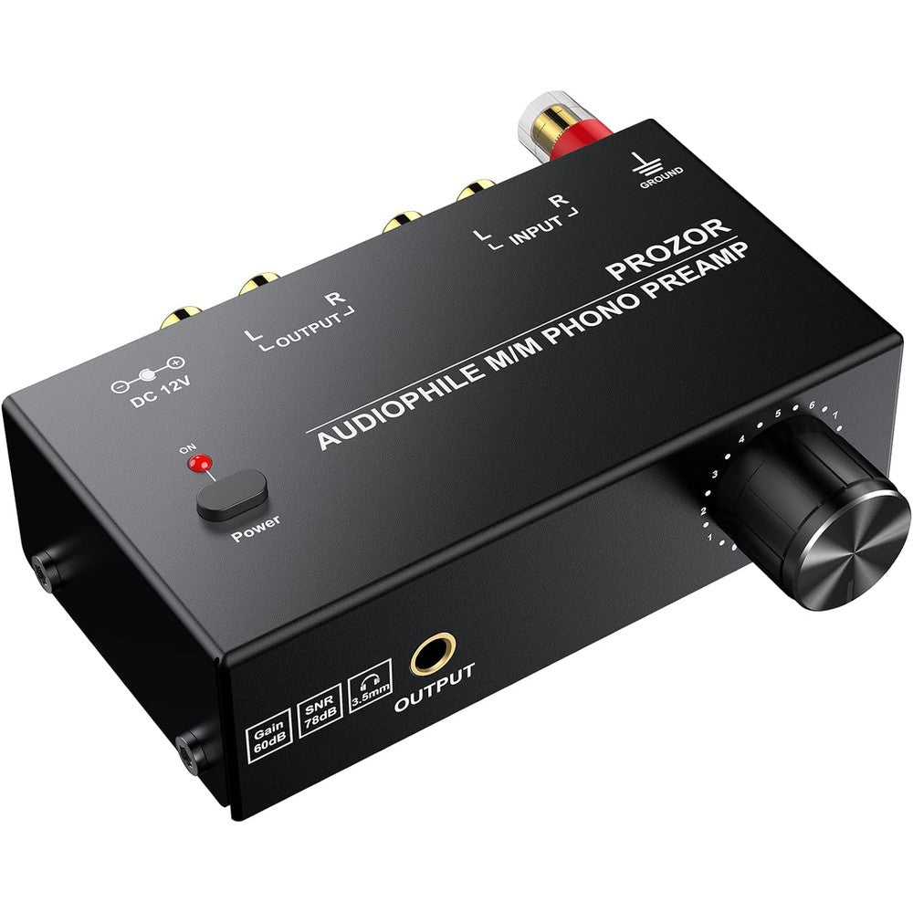 PROZOR phono preamp front view showing volume control knob and compact metal housing