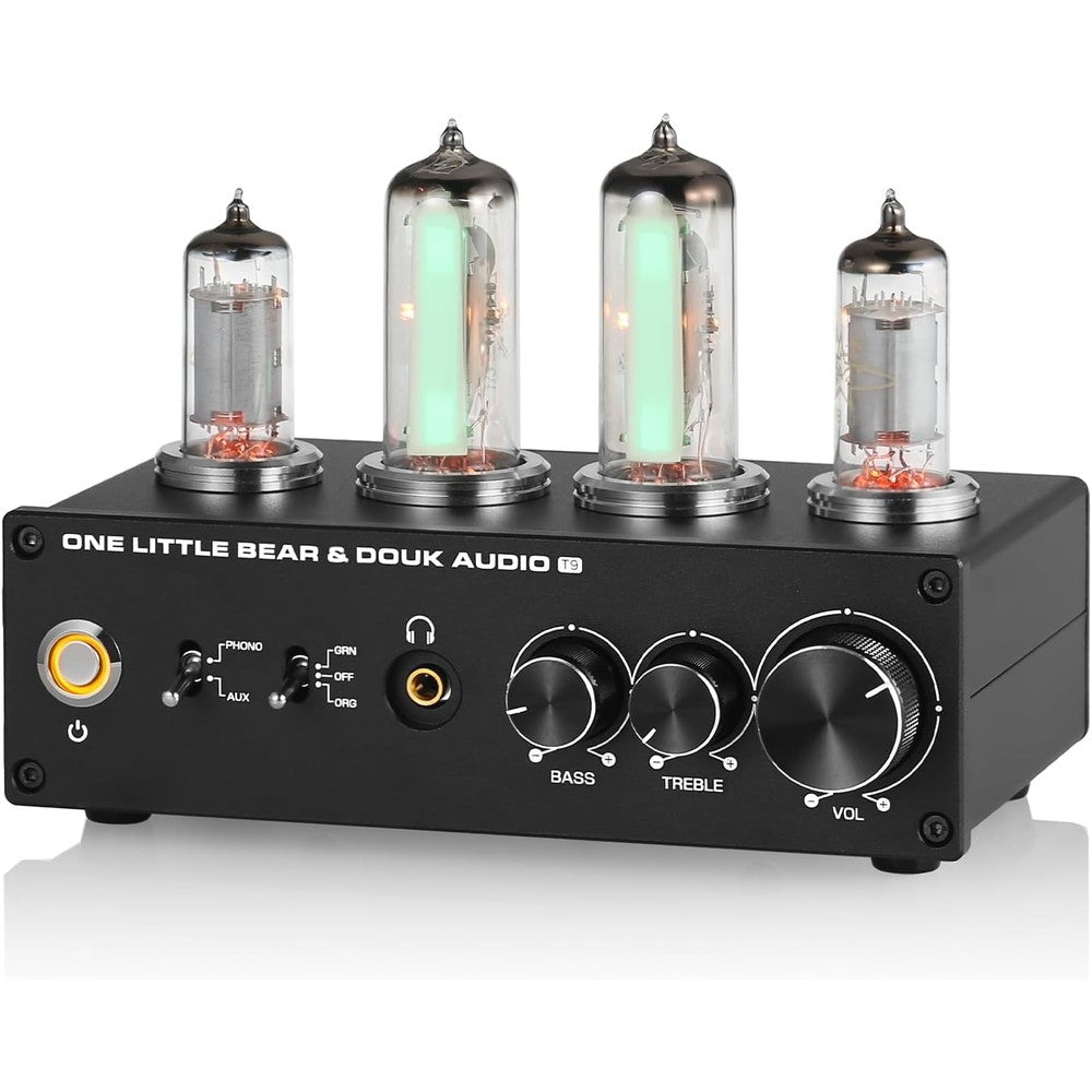 Douk Audio T9 vacuum tube phono preamp front view showing control knobs and headphone jack