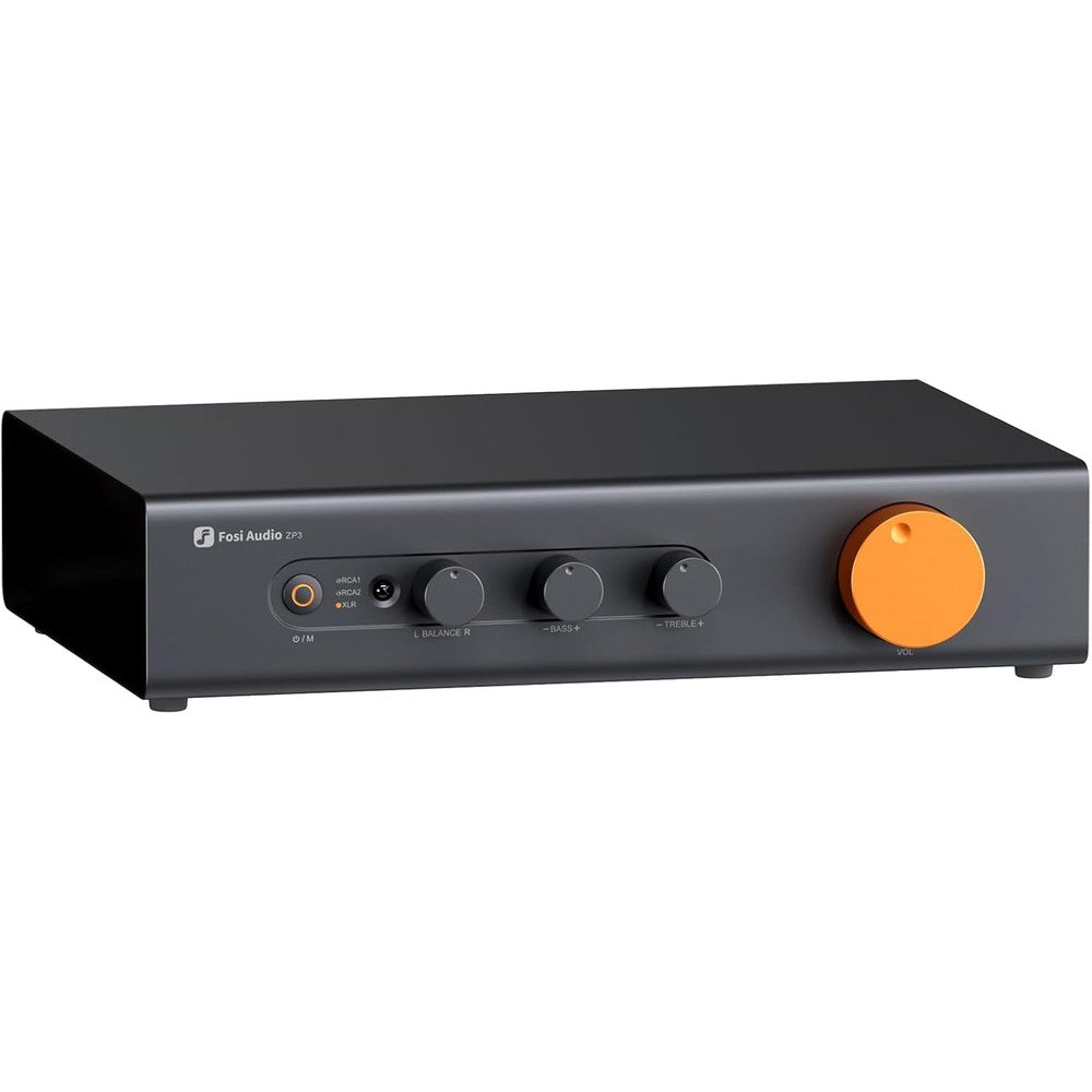 Fosi Audio ZP3 Balanced Preamplifier front view showing the bright orange volume knob for home audio control hub