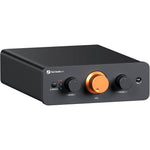 Fosi Audio P4 Mini Preamplifier front view highlighting central gold volume knob and tone controls.