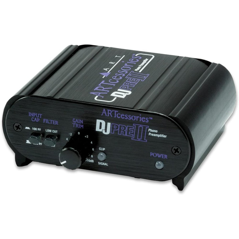 ART Pro Audio DJPRE II Phono Turntable Preamplifier front view showing gain trim control knob and signal clip LED indicator.