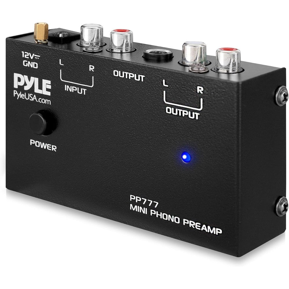 Pyle PP777 mini phono turntable preamplifier front view showing metallic housing