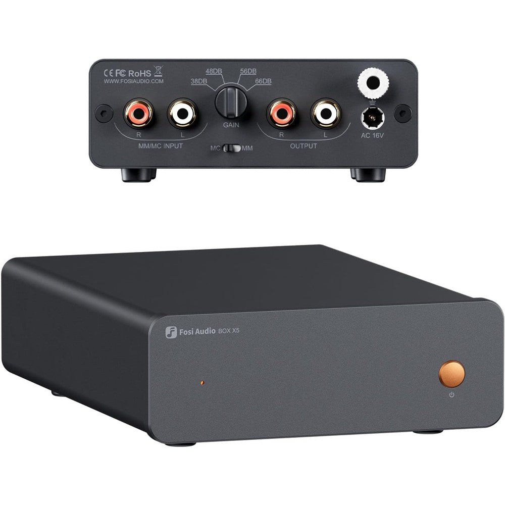 Fosi Audio Box X5 phono preamp front view showing gold power button and black aluminum chassis