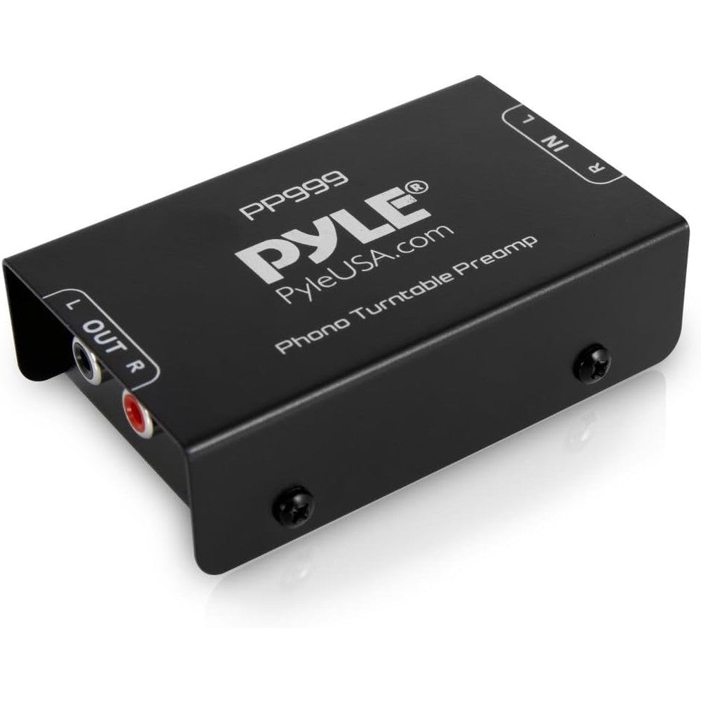Pyle Phono Turntable Preamp front view showing compact black metal casing
