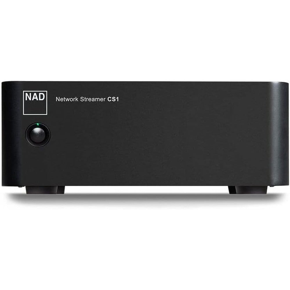 NAD CS1 Endpoint Network Streamer minimalist front view displaying the power button for premium high-resolution home audio setups.