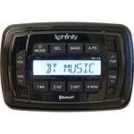 Infinity PRV250 marine bluetooth stereo receiver front view showing waterproof buttons and digital screen display.