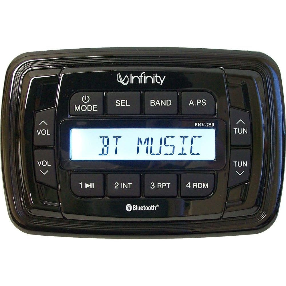Infinity PRV250 marine bluetooth stereo receiver front view showing waterproof buttons and digital screen display.