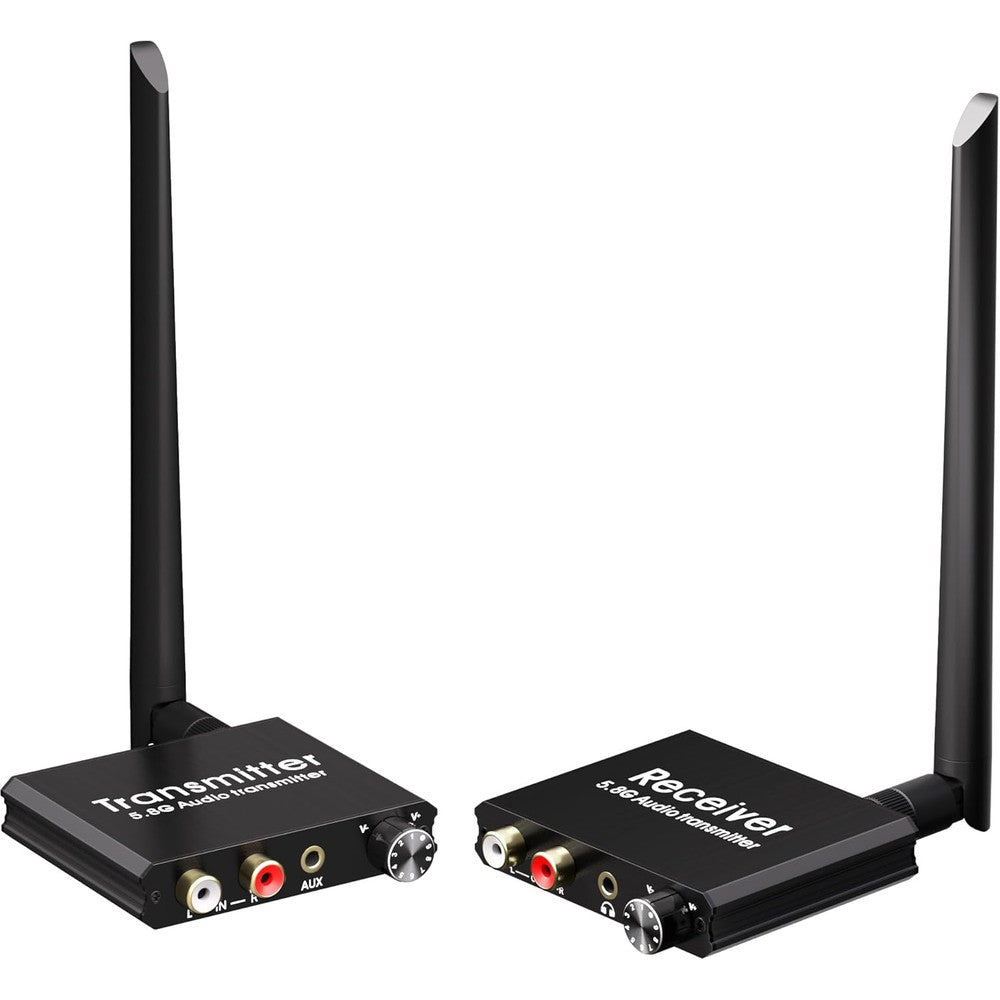 YEUGICEO wireless RCA AUX audio transmitter receiver kit front view showing volume control knobs