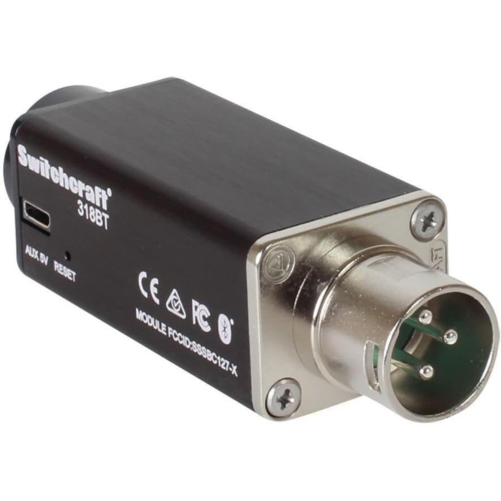 Switchcraft 318BT Bluetooth AudioStix phantom powered audio receiver front view showcasing the premium balanced XLR connector assembly.