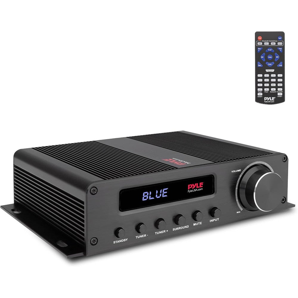 Pyle wireless bluetooth home audio amplifier front view showing volume knob and digital display