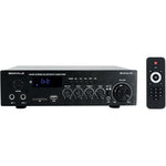 Rockville BLUAMP 90 home stereo bluetooth receiver amplifier front view showing volume knobs and microphone inputs