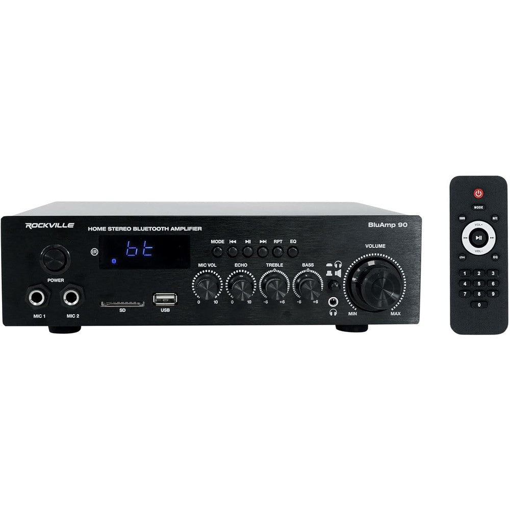 Rockville BLUAMP 90 home stereo bluetooth receiver amplifier front view showing volume knobs and microphone inputs