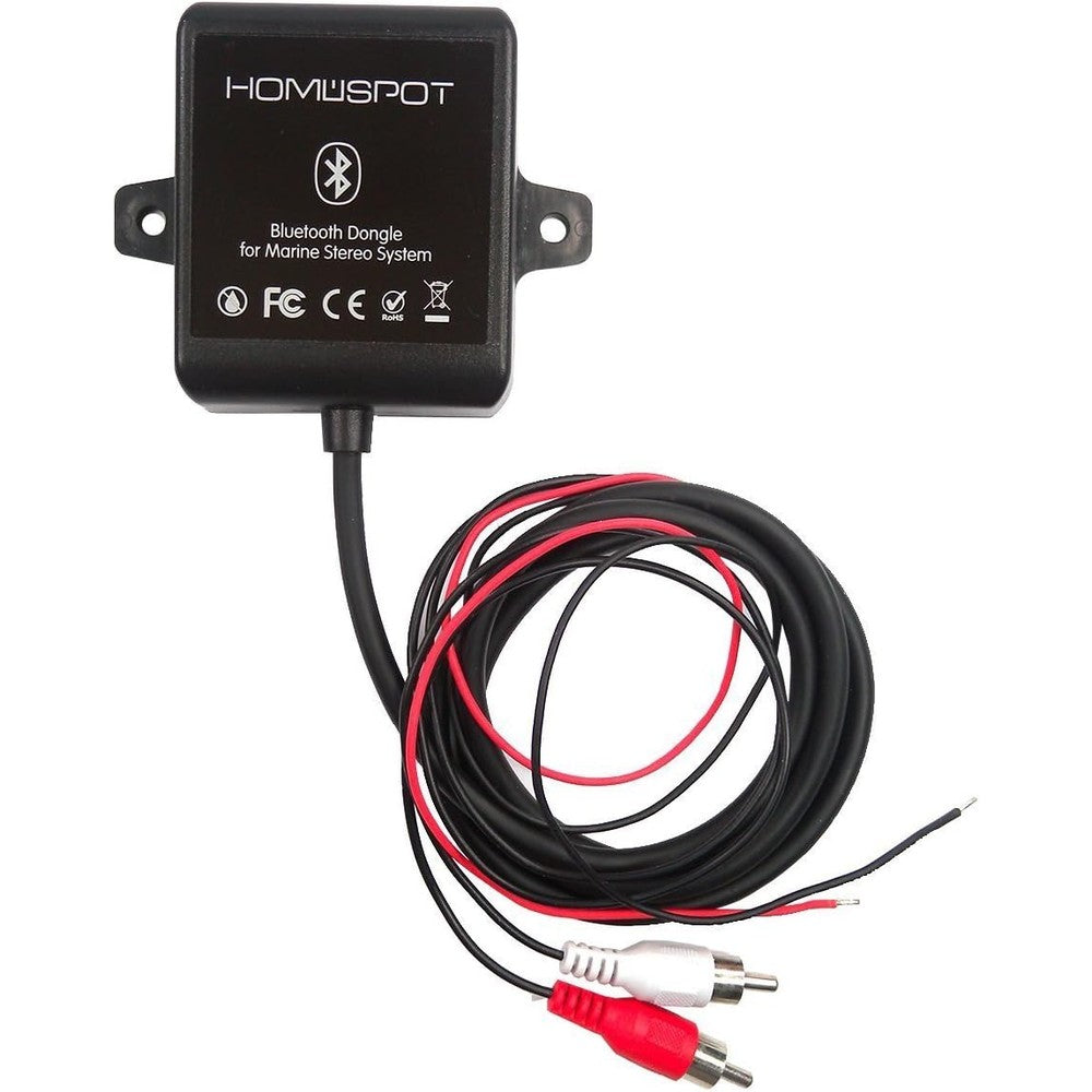 HomeSpot Waterproof Bluetooth Marine Receiver Adapter front view showing the compact sealed housing and RCA connectors.