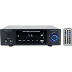 Rockville BLUAMP 150 home stereo bluetooth amplifier front view showing aluminum panel and knobs