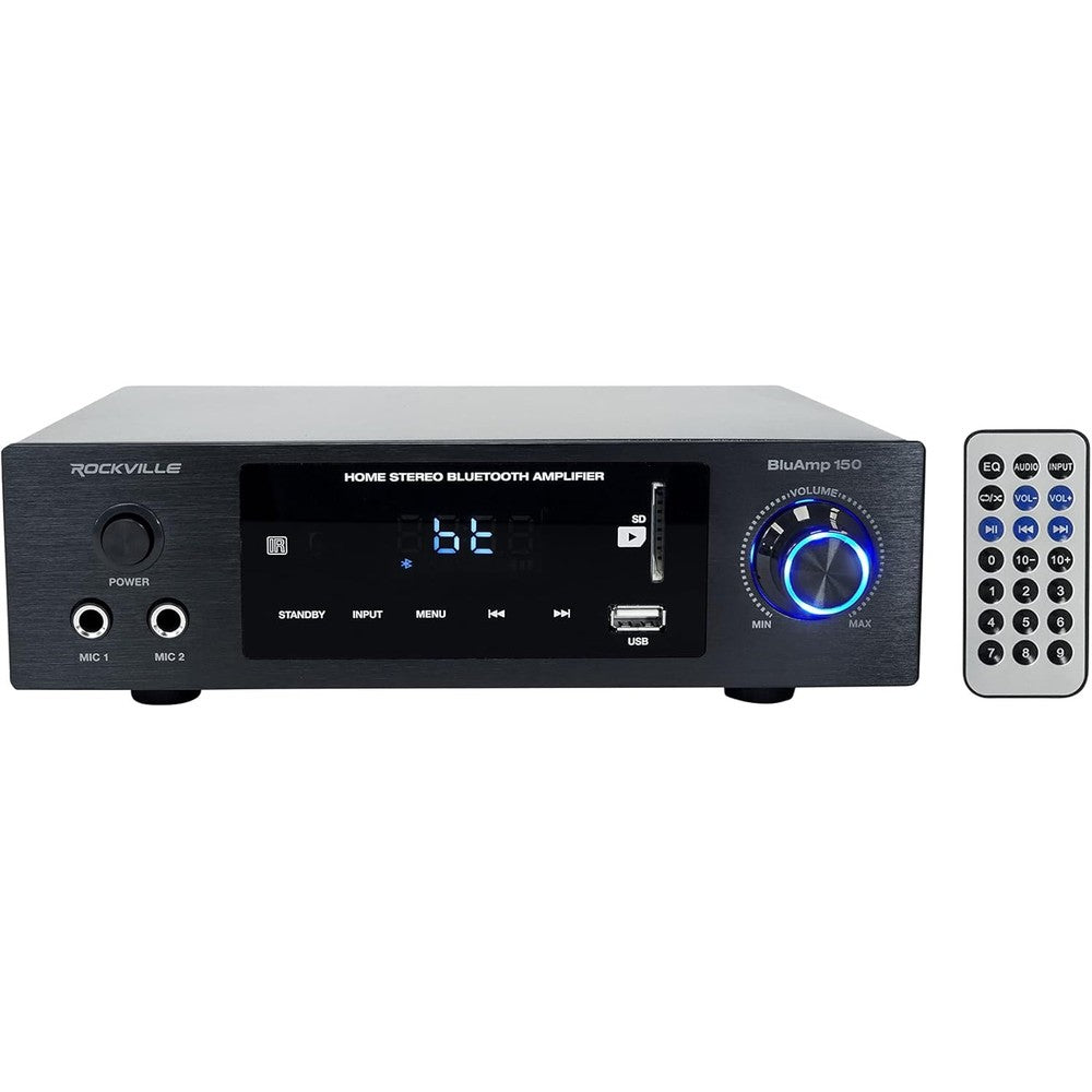 Rockville BLUAMP 150 home stereo bluetooth amplifier front view showing aluminum panel and knobs