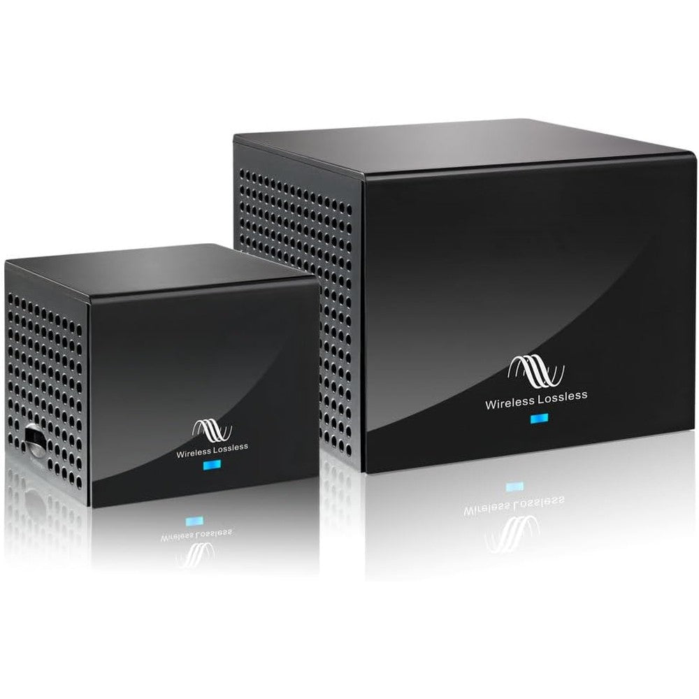 Nodelay S-AIR100-PRO wireless rear speaker kit showing the transmitter and receiver units front view