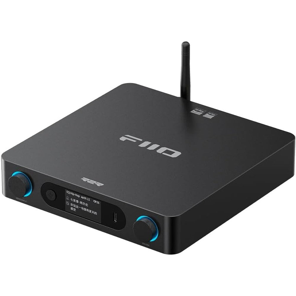 FiiO BR15 R2R high resolution Bluetooth receiver front view showing black aluminum chassis and display screen