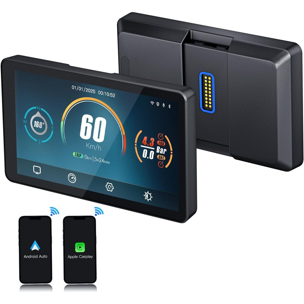 CARabc DB601 smart touchscreen display front view mounted on a premium adventure motorcycle handlebar setup.