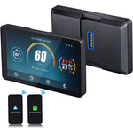 CARabc DB601 smart touchscreen display front view mounted on a premium adventure motorcycle handlebar setup.