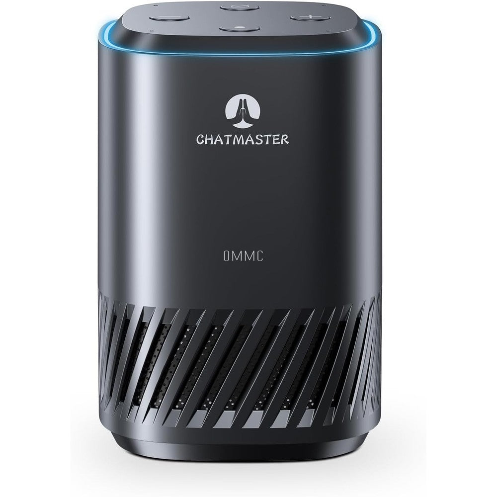 OMMC ChatMaster Cube dual AI smart speaker front view showing black cylindrical body and angled bottom grille