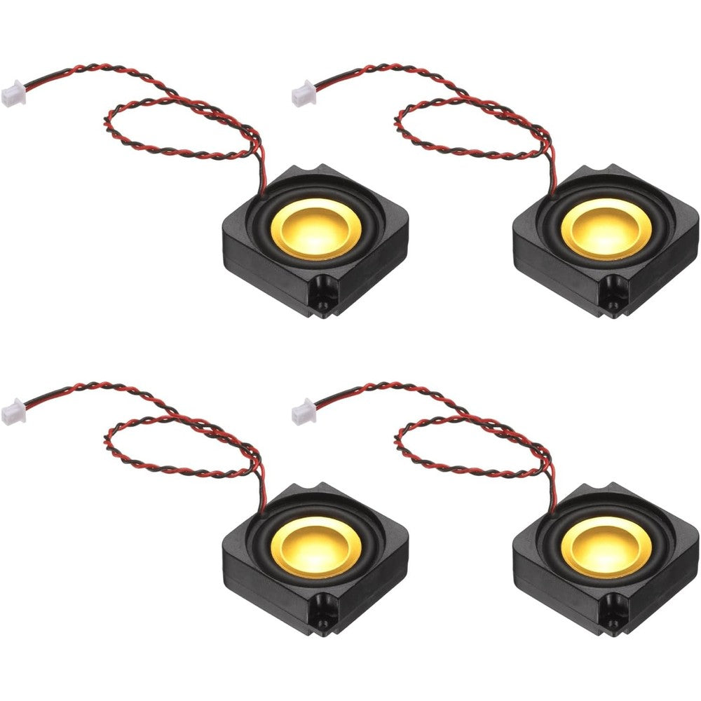 PATIKIL 3 Watt 4 Ohm Mini Speaker four pieces kit showing the front view of the black and gold micro loudspeakers