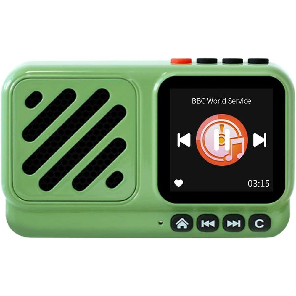 Choyong Voyager touchscreen internet radio front view showing compact green retro design.