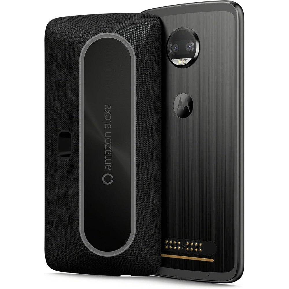 Motorola Smart Speaker with Amazon Alexa front view premium black Moto Mod accessory