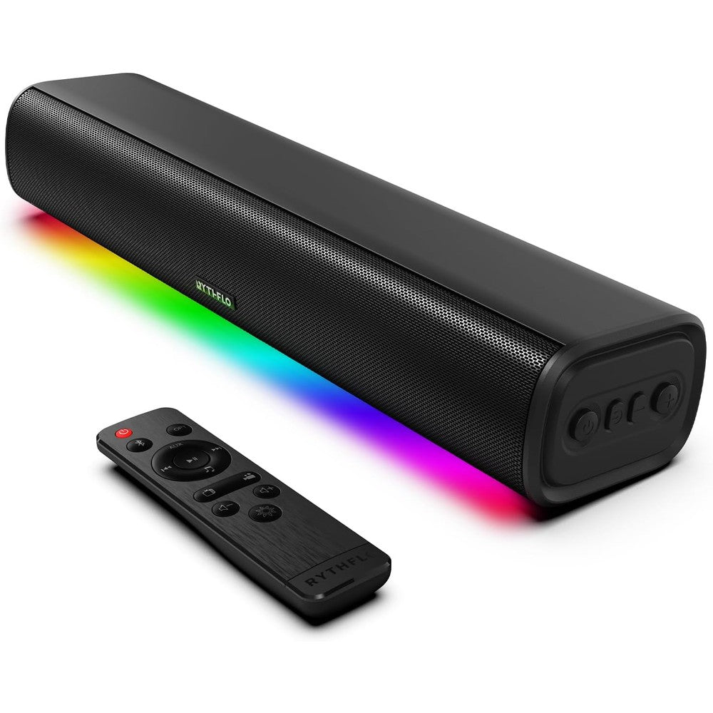 Rythflo 16-inch cinematic TV soundbar front view showing sleek compact design