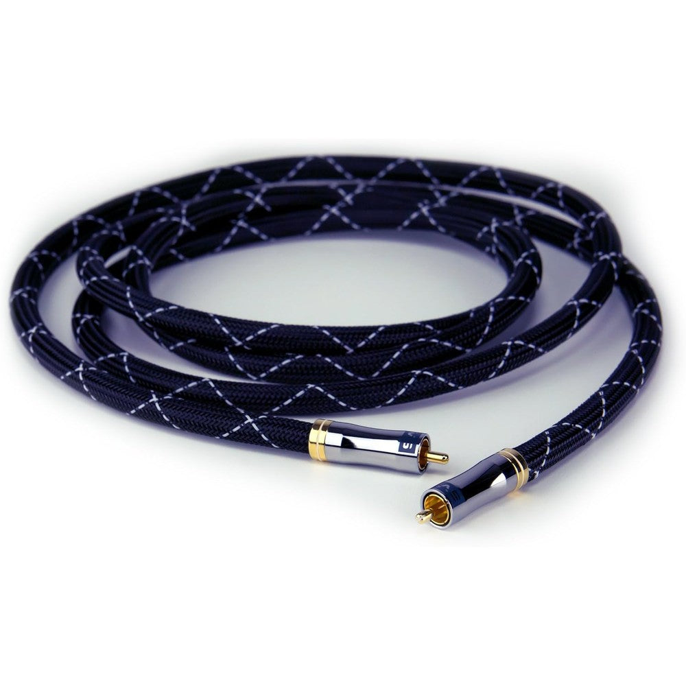 SVS SoundPath RCA subwoofer cable showing gold-plated connectors and blue braided design.