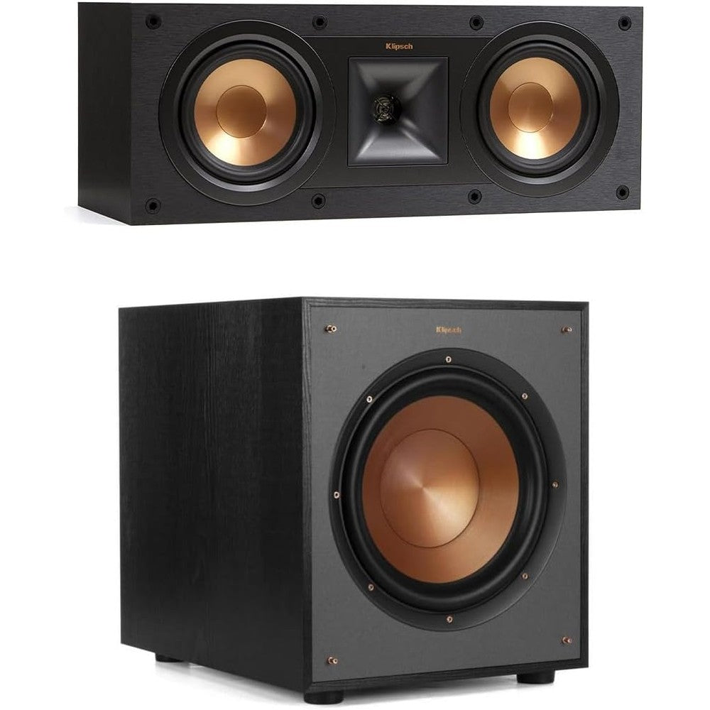 Klipsch R-100SW subwoofer and R-52C center speaker front view