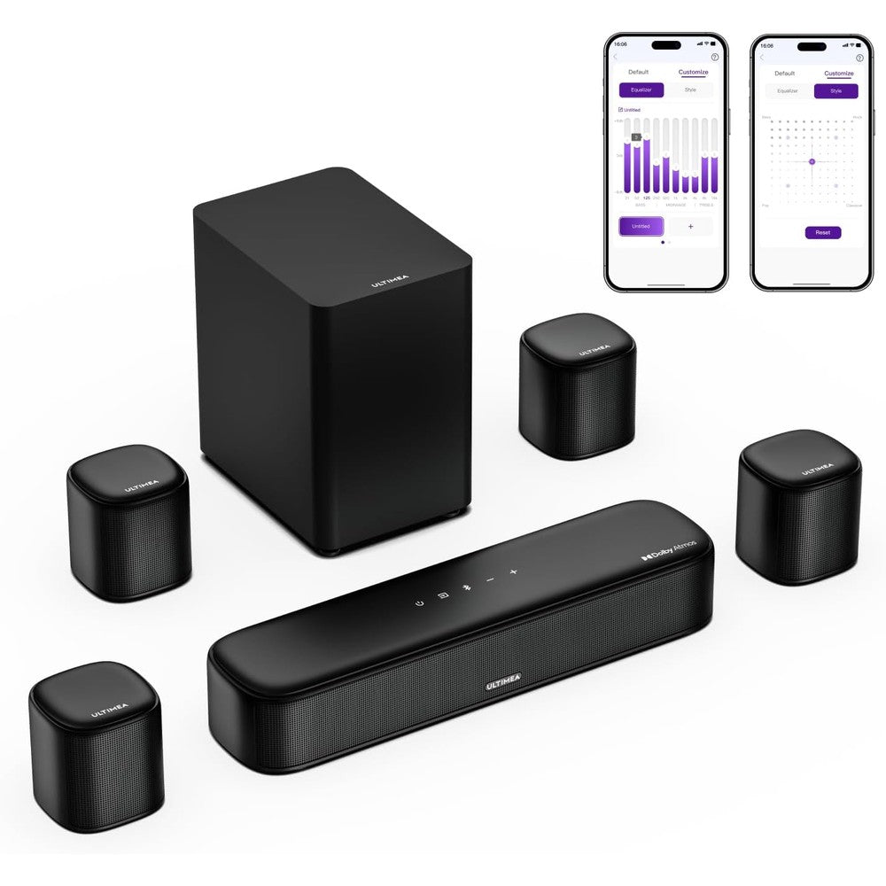 ULTIMEA Aura A60 Seven Point One Channel Sound Bar System With Dolby Atmos Four Surround Speakers Wired Subwoofer And Smart Application Control