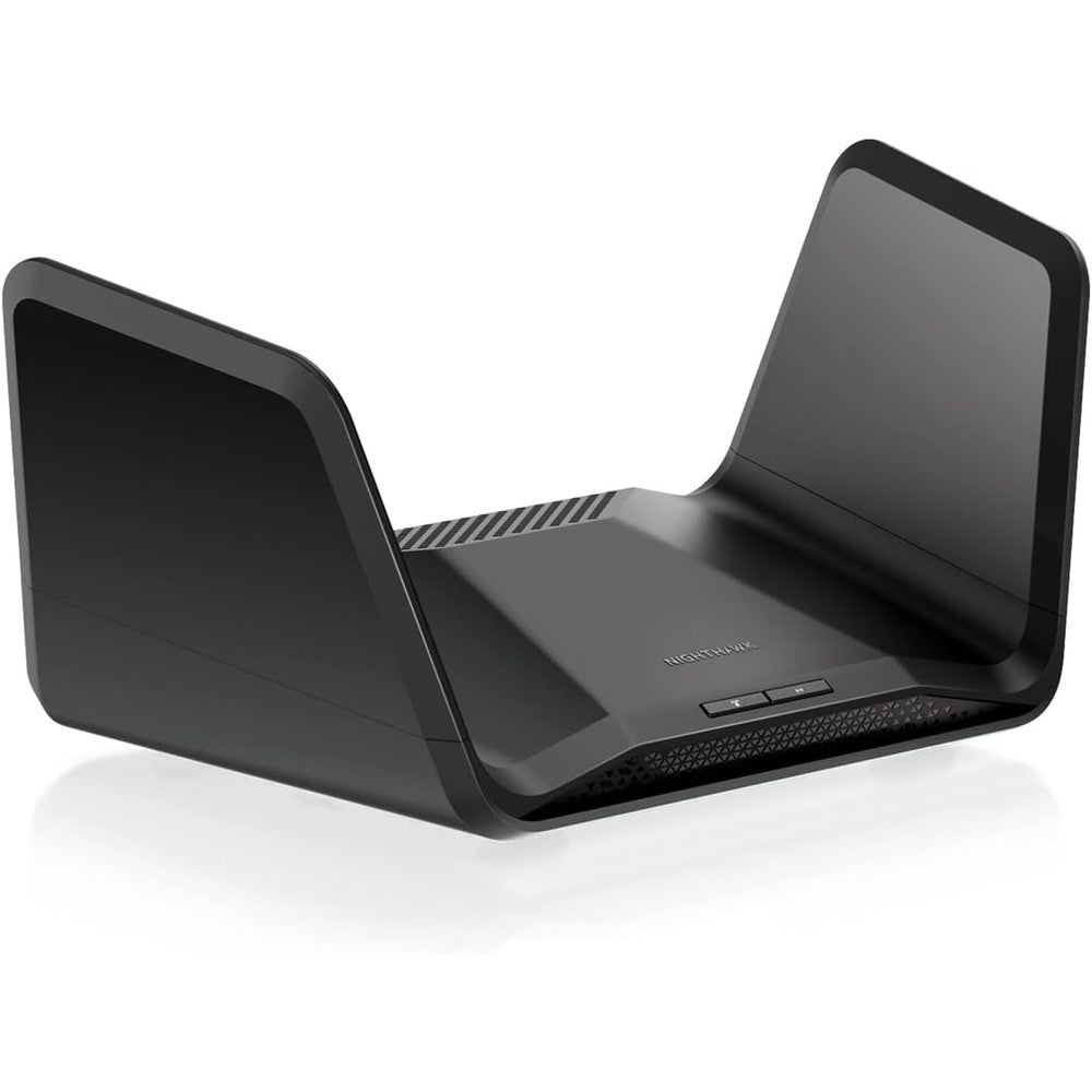 NETGEAR Nighthawk RAXE300 tri-band wireless router front view showing matte black design with folding wings