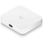 Ubiquiti Networks Cloud Gateway Ultra front view showcasing the compact white square chassis and clear digital status screen.