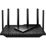 TP-Link Archer AXE75 tri-band WiFi 6E router front view showing sleek black geometric design and high-performance external antennas.