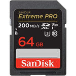 SanDisk Extreme PRO 64GB SDXC memory card front view showing 200MB per second speed rating label