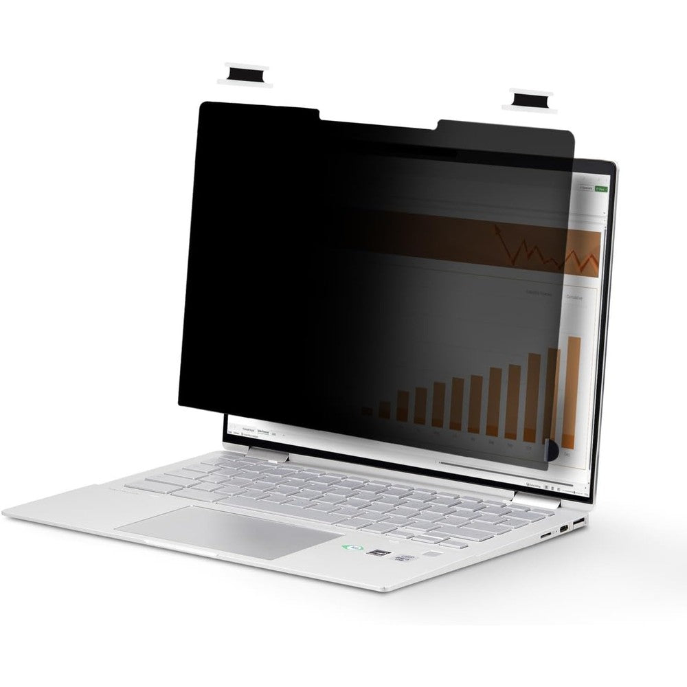 StarTech 14 inch 16 to 10 flip over privacy screen front view on a laptop showcasing privacy blackout effect