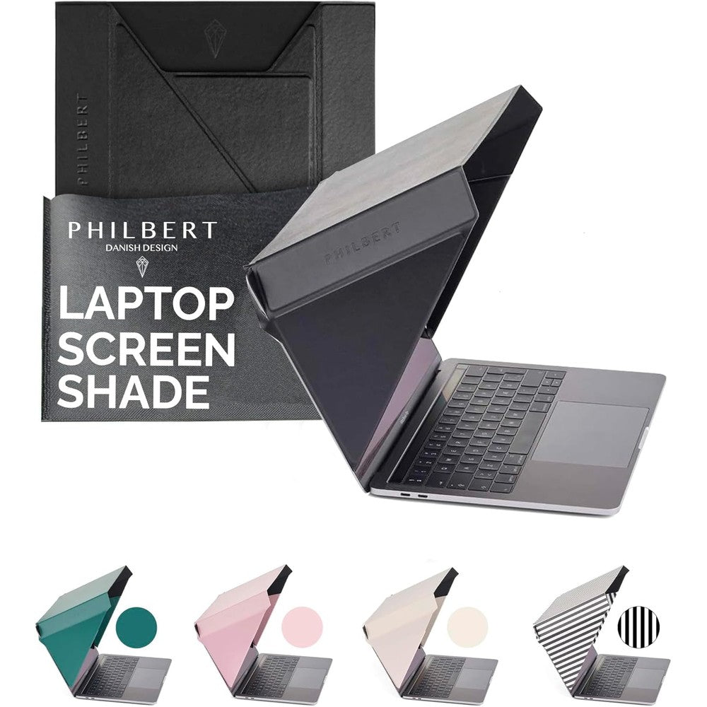 Philbert Danish Design 4-in-1 laptop sun shade front view on a laptop screen outdoors.