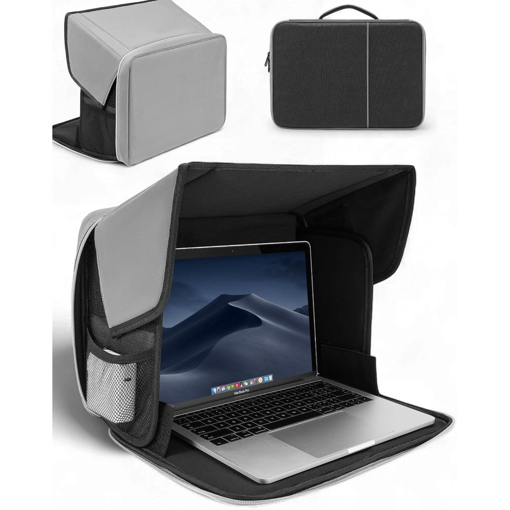TOVICE laptop sun shade front view showing an outdoor computer setup blocking sun glare