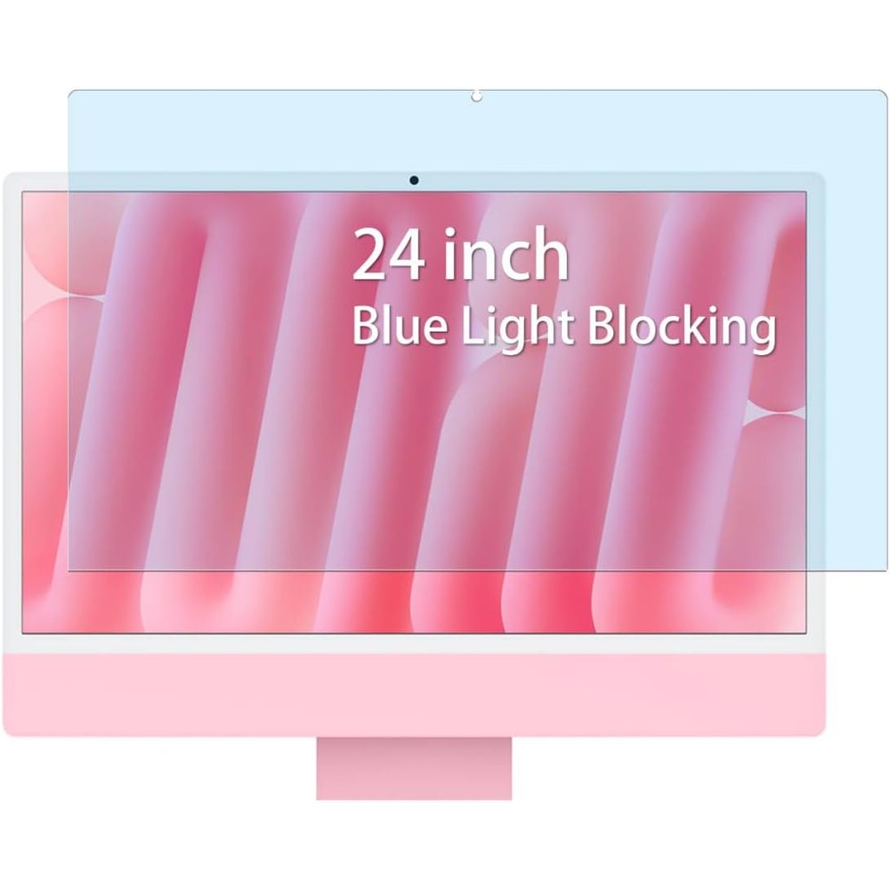MUBUY-GOL anti-blue light screen protector front view mounted on a pink twenty-four inch Apple iMac desktop computer