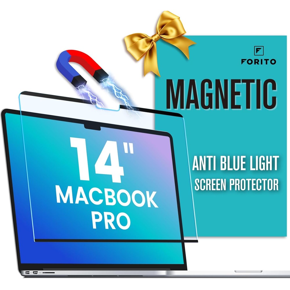 F Forito Magnetic Anti Blue Light Screen Protector front view on a fourteen inch MacBook Pro laptop computer display