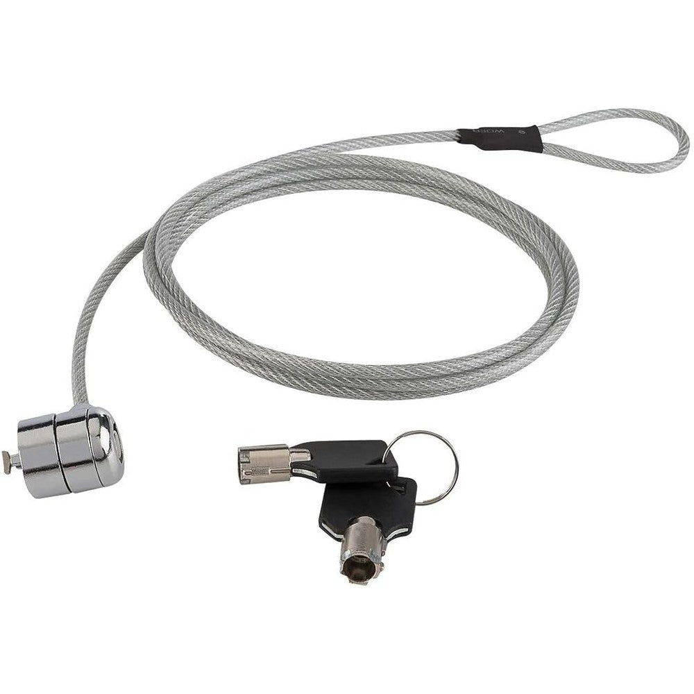 Steren security padlock for laptops front view showing the heavy duty steel cable and lock head.