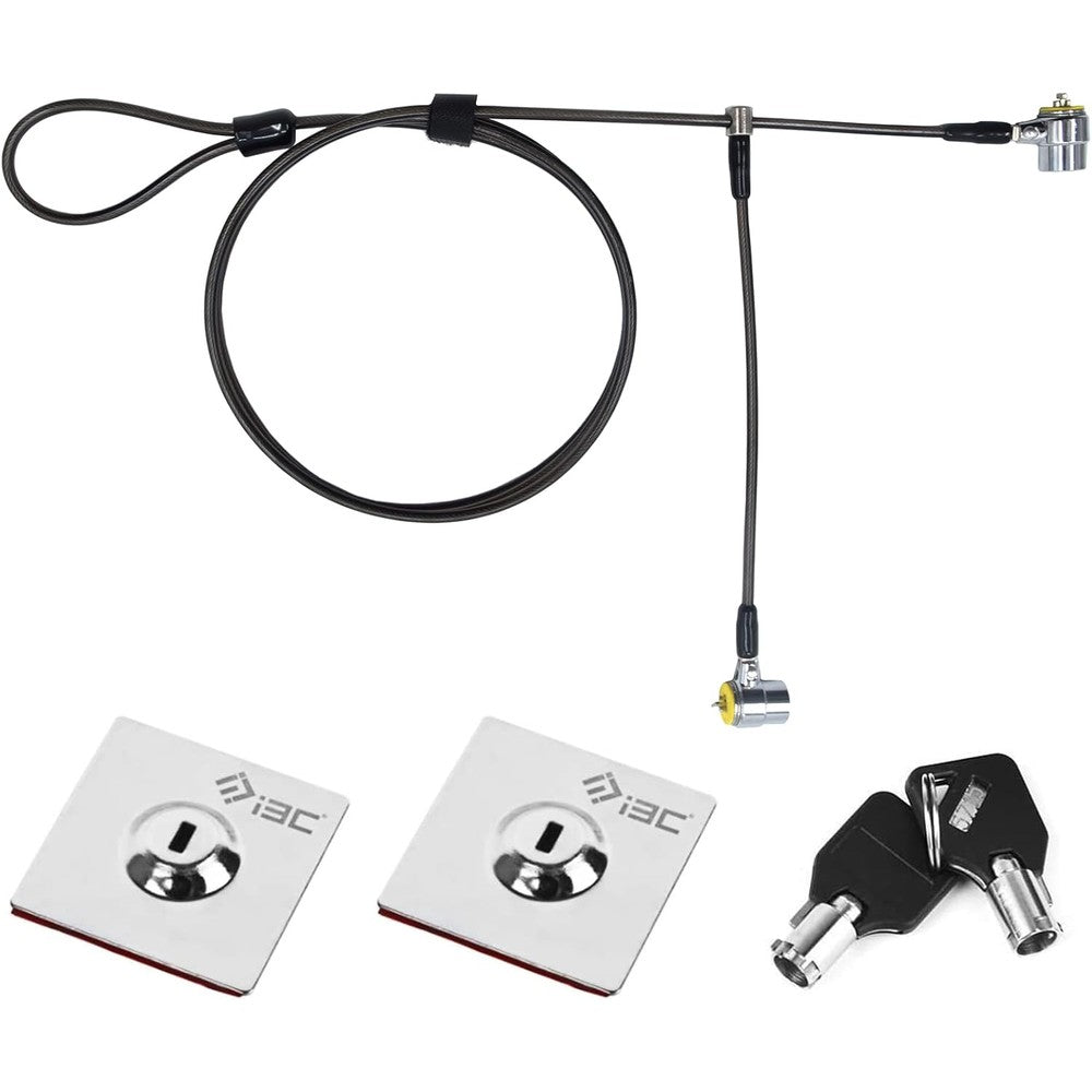 I3C Twin Head Laptop Security Cable Lock front view showing dual stainless steel locking mechanisms and keys.