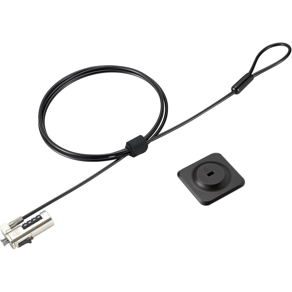 Kensington computer lock adapter kit front view showing the carbon steel cable and adhesive plate.