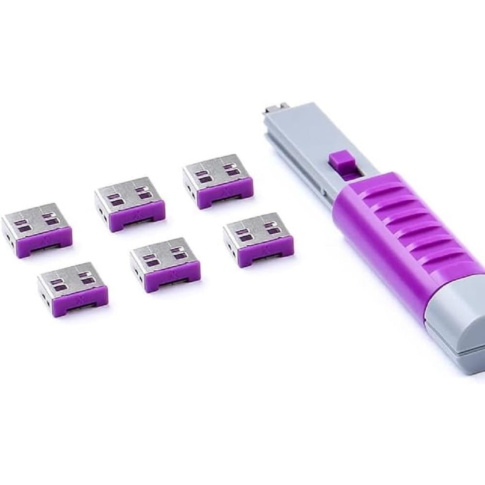 Smart Keeper USB Port Locks Basic Purple front view of six port blockers and one security key.