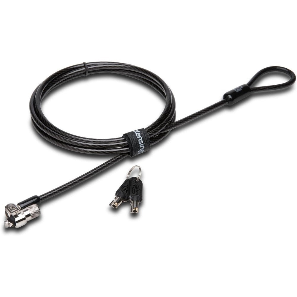 Kensington MicroSaver 2.0 laptop lock front view showing the 10mm cylindrical keyed lock head connected to a thick carbon steel cable