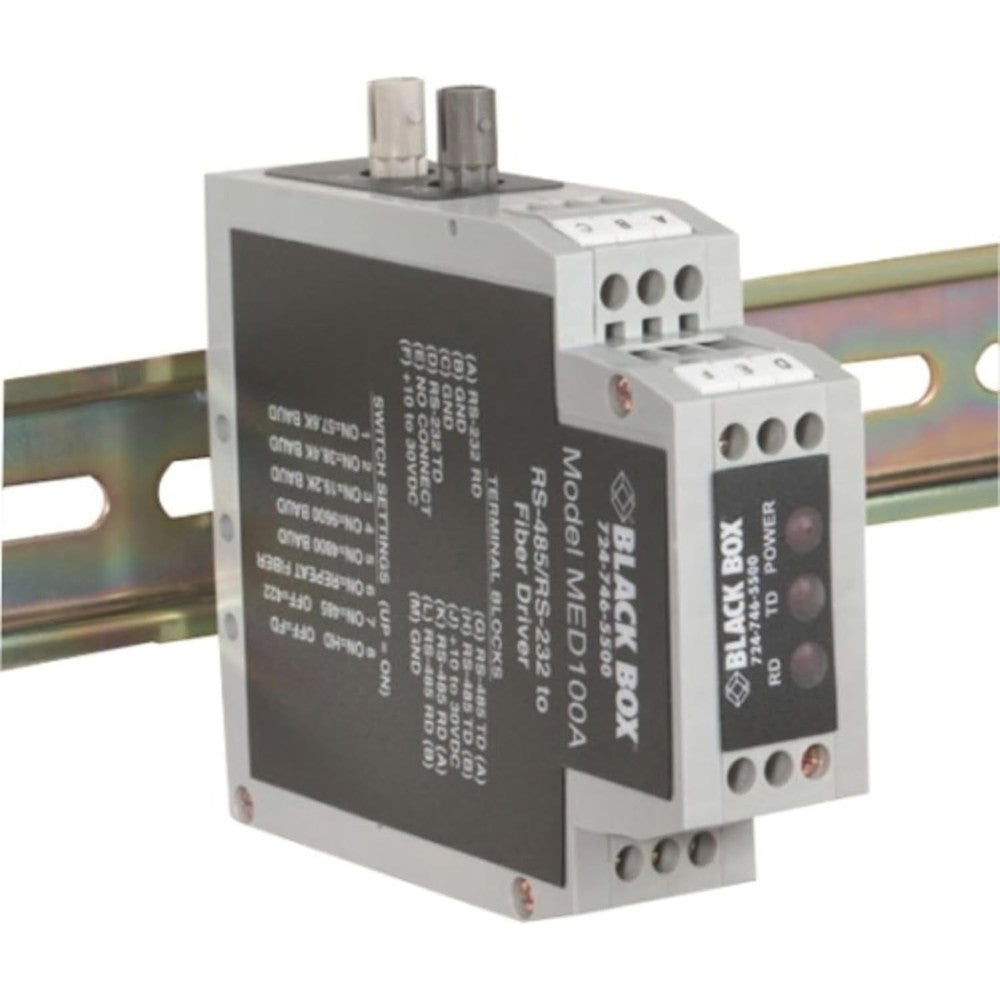 Black Box MED100A serial to fiber driver front view for industrial network extension